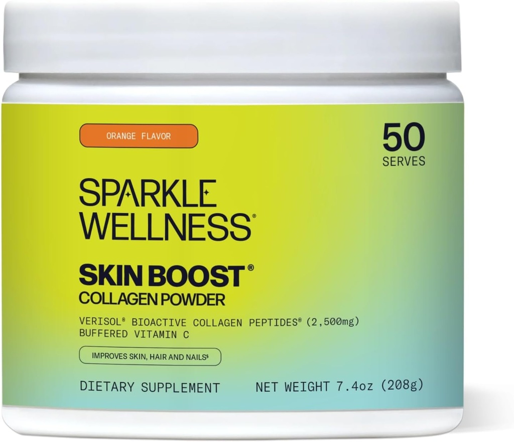 Sparkle Wellness VERISOL Bioactive Hydrolyzed Collagen Peptides , Supplément en poudre de collagène avec vitamine C pour la peau, les cheveux et la santé des ongles , Skin Boost (Orange) [50-Serves]