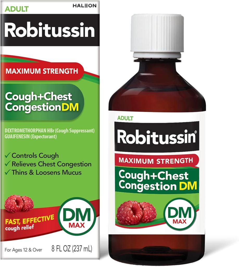 Robitussine Adulte Force maximale Toux + congestion thoracique DM Max (8 fl. oz. bouteille), Toux Suppresseur et expectorant, Arôme framboise