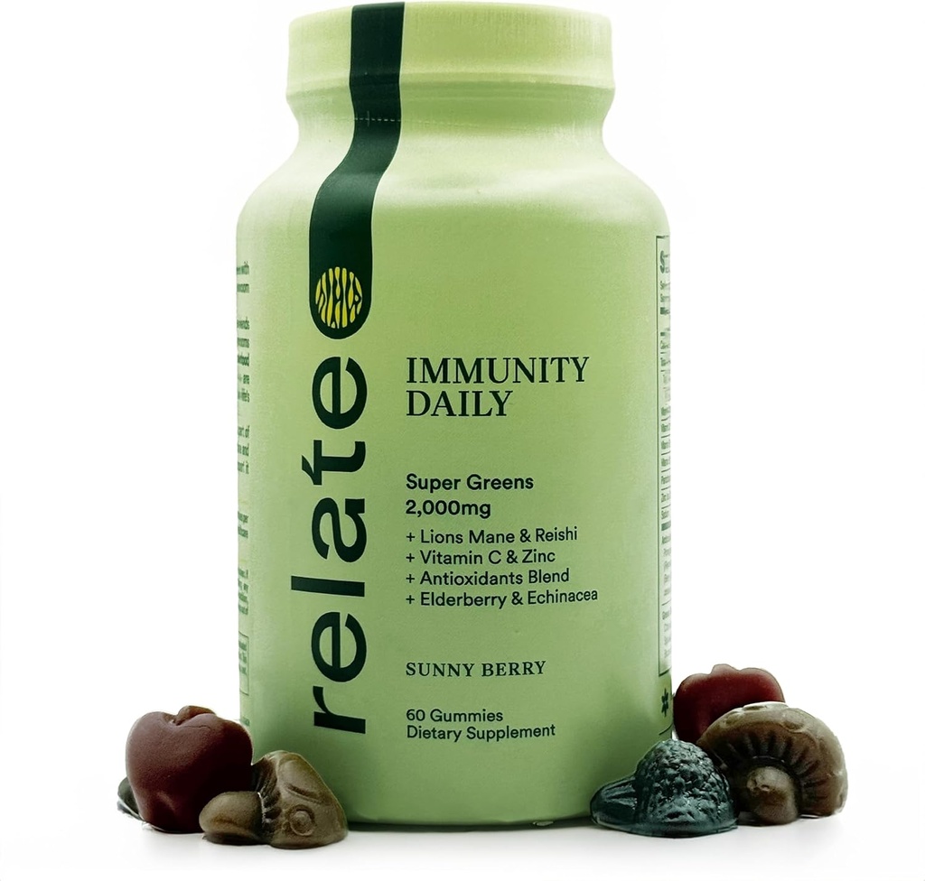 relatez Immunity Daily Gummies - Super Greens, Lion's Mane & Reishi, Vitamine C & Zinc, Mélange antioxydant avec Elderberry & Echinacea - Sunny Berry Flavor, 60 Comte