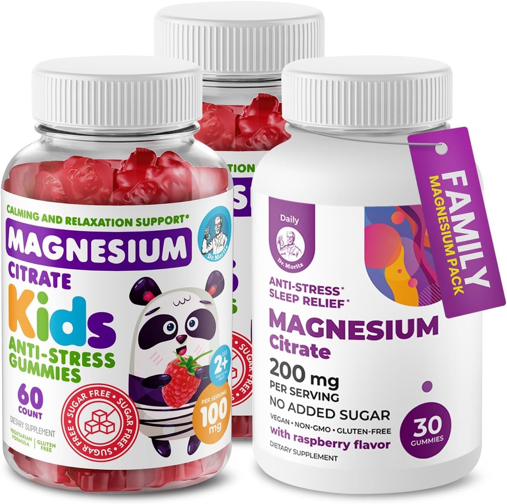 DR. MORITZ Bundle de magnésium - Gummies pour adultes (200mg, 30 Nombre) et Gummies de magnésium pour enfants (60 Nombre, 2 Pack) - Sans sucre