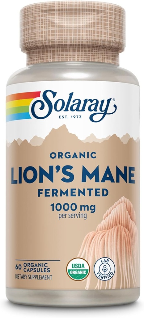 Solaray Capsules de complément de la Mane de Lions organiques - Fournir 1000 mg de champignons biologiques de la Mane de Lions, fermentés pour l'absorption améliorée - Vegan, garantie de 60 jours, labo vérifié, 30 portions, 60 VegCaps