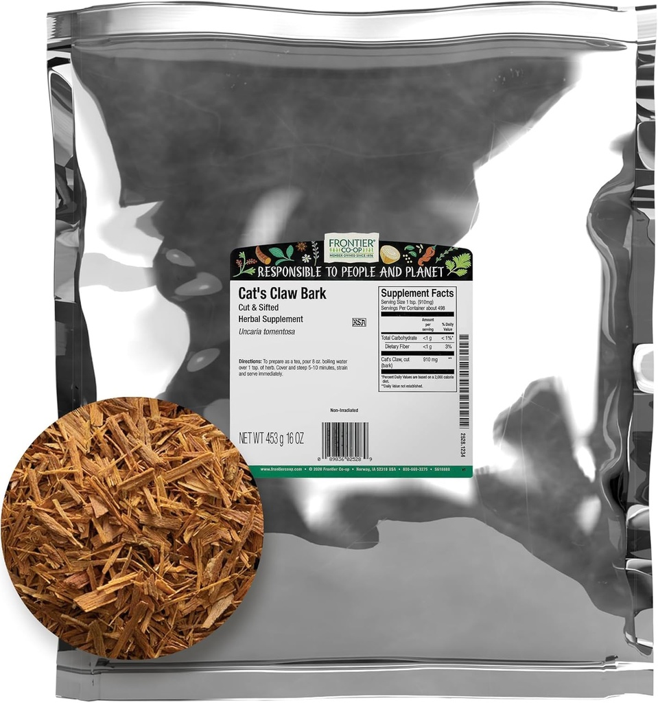 Frontier Coop Cat's Claw Bark, sac en vrac de 1 lb, coupé et tamisé - 100% pur et naturel Claw Herb, idéal pour les thés, les teintures et les utilisations à base de plantes, casher