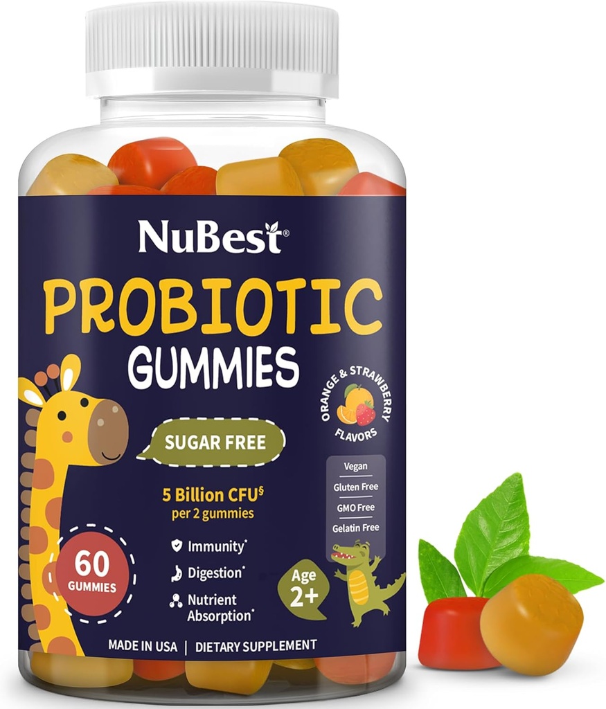NuBest Daily Probiotic Gummies for Kids & Teens with 5 Billion CFUs | Supports Immune, Gut, and Digestive Health | No Added Sugar | Yummy Strawberry & Orange Flavors | 60 Premium Vegan Gummies