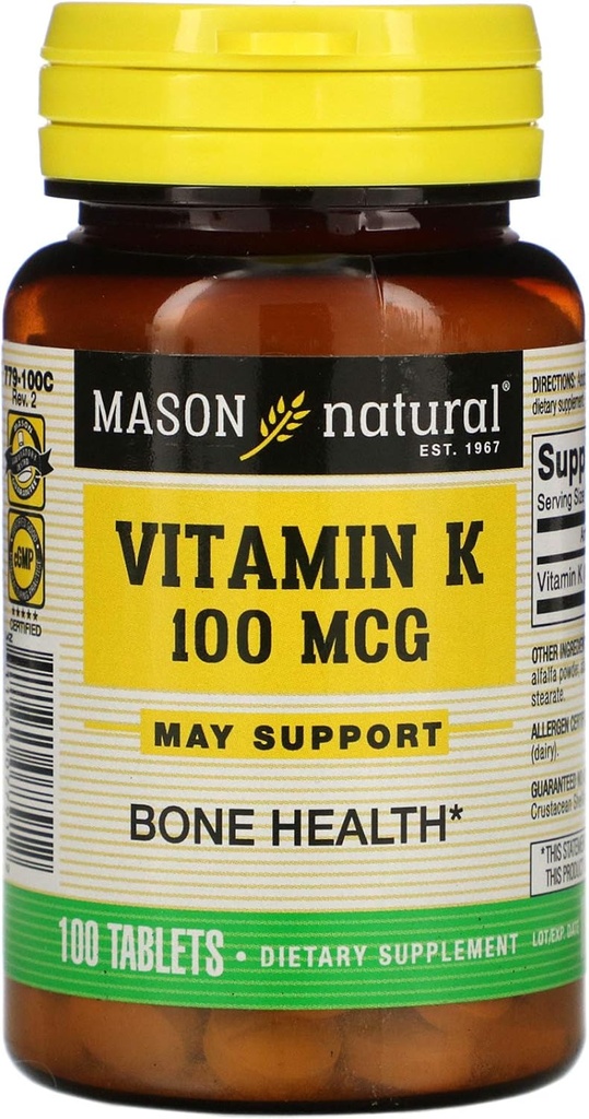 Vitamines Mason Vitamine K 100 mcg Comprimés, bouteilles 100-Count