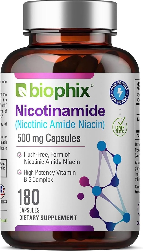 biophix B-3 Nicotinamide 500 mg 180 Caps - Nicotinique Amide Niacin formule de vitamine naturelle sans flush - soutient la santé des cellules de la peau