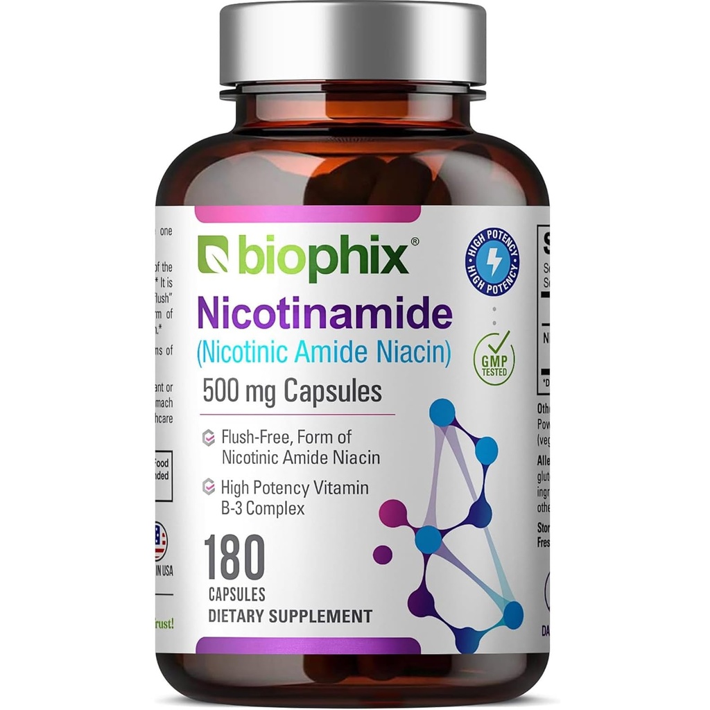 biophix B-3 Nicotinamide 500 mg 180 Caps - Nicotinique Amide Niacin formule de vitamine naturelle sans flush - soutient la santé des cellules de la peau