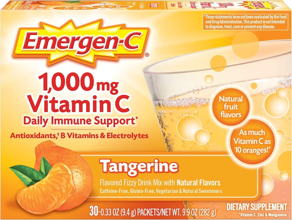 Emergen-C 1000mg Poudre de vitamine C, avec antioxydants, vitamines B et électrolytes, suppléments de vitamine C pour le soutien immunitaire, mélange de boissons gazeuses sans caféine, saveur de Tangerine - 30 Compte
