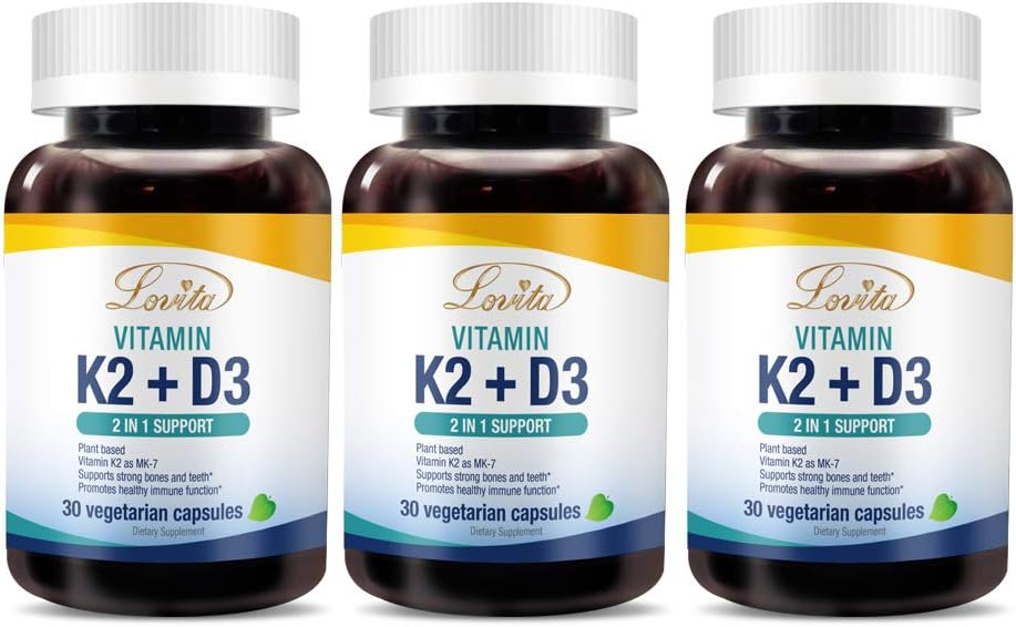 Lovita Vitamine K2 + D3, 400 UI Vitamine végane D3 & 120 mcg Vitamine K2 (MK-7), 2 en 1 Formule, Complexe Vitamine immune, soutient votre cœur, dents et fonction immune, 30 Capsules végétariennes (Pack de 3)