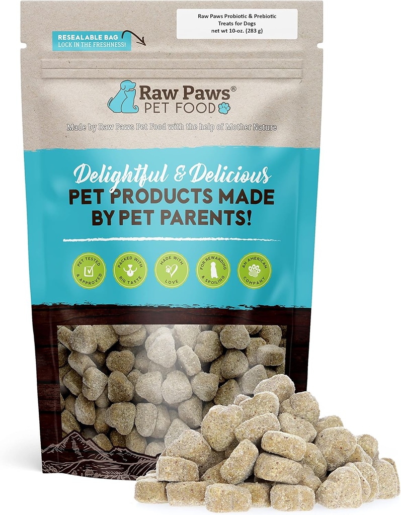 Raw Paws Supplément probiotique de chien naturel avec prébiotiques, 10-oz/100-ct - États-Unis fait probiotique quotidien pour les chiens Chew doux - Traitez la diarrhée chez les chiens, la levure, la respiration de chien et le gaz avec nos bonbons probiotiques
