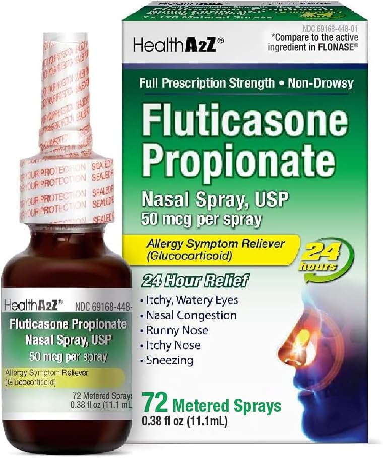 HealthA2Z® Fluticasone Propionate Nasal Spray de 50 mcg par spray de 24 heures contre l'allergie 72 Sprays de 0,38 fl oz. (11,1 mL)