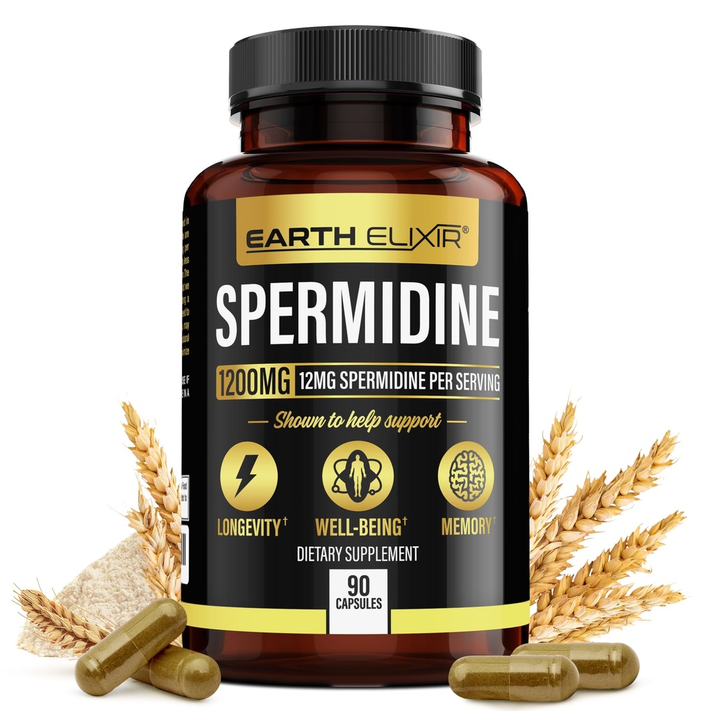 Elixir de la Terre Suppléments de spermidine 1200mg (90 Capsules) – Anti-vieillissement - 3ème partie testé (12mg de poudre de spermidine) Pureté maximale - 100% pur Espermidina- extrait fermenté de germe de blé - NMN Autre