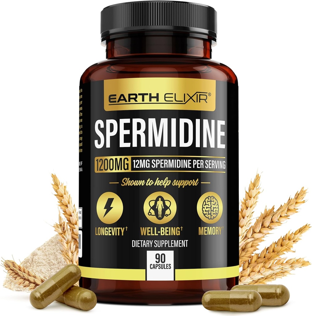 Elixir de la Terre Suppléments de spermidine 1200mg (90 Capsules) – Anti-vieillissement - 3ème partie testé (12mg de poudre de spermidine) Pureté maximale - 100% pur Espermidina- extrait fermenté de germe de blé - NMN Autre