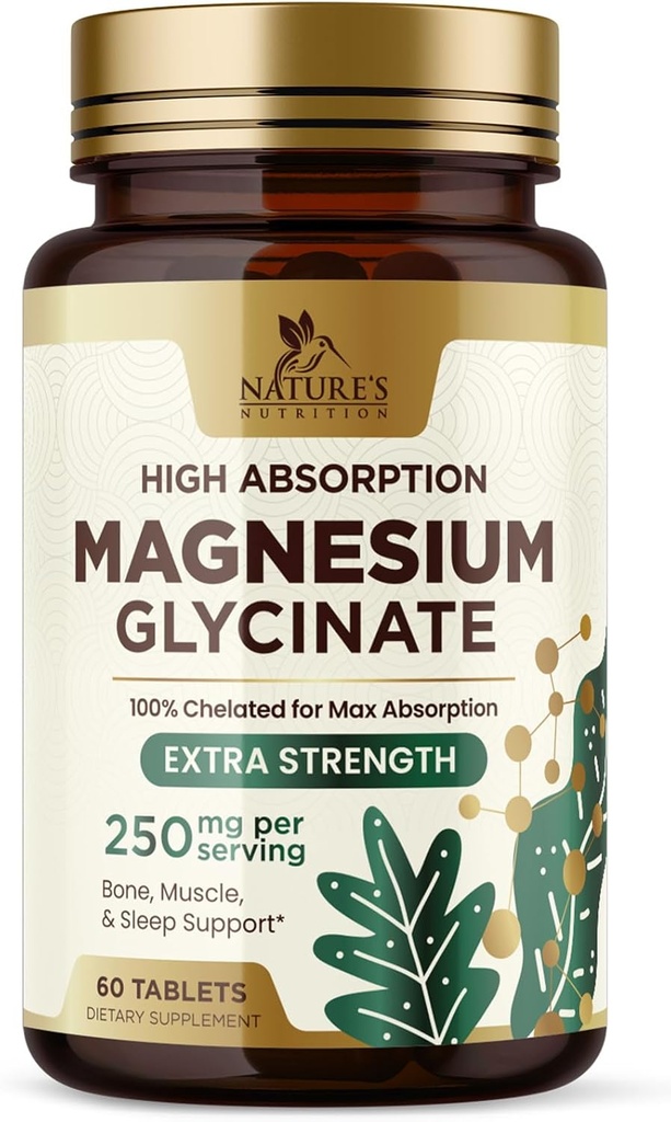 Magnésium (glycinate) - Supplément de magnésium pour la santé cardiaque, le nerf, le muscle, l'os et le sommeil - 100 % Chélaté et absorption élevée - 250 mg par portion - Sans gluten, végétalien, non OGM - 60 Nombre