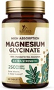 Magnésium (glycinate) - Supplément de magnésium pour la santé cardiaque, le nerf, le muscle, l'os et le sommeil - 100 % Chélaté et absorption élevée - 250 mg par portion - Sans gluten, végétalien, non OGM - 60 Nombre