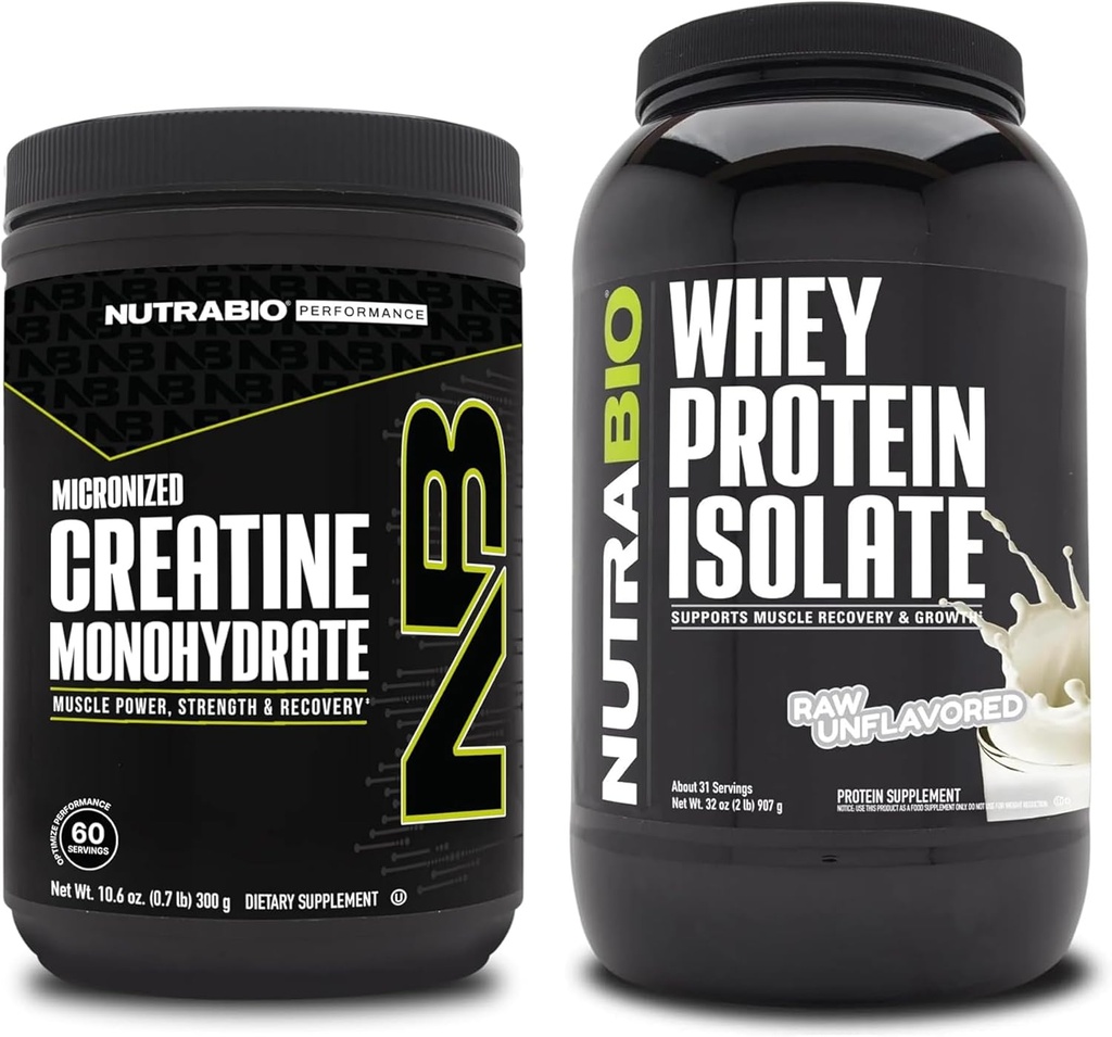 NutraBio Creatine Monohydrate, Unflavored, 300g and Whey Protein Isolate, Unflavored, Supplement Bundle - Muscle Energy, Lean Muscle Growth, Recovery, and Strength