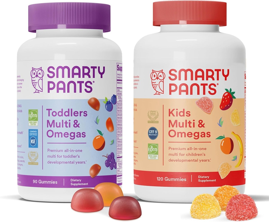 Ensemble de gommes multivitamines SmartyPants Toddler et enfants : Huile de poisson Omega 3 (EPA/DHA), vitamine D3, C, vitamine B12, B6, A, K & Zinc, biotine, sans gluten, trois arômes de fruits (30 jours)