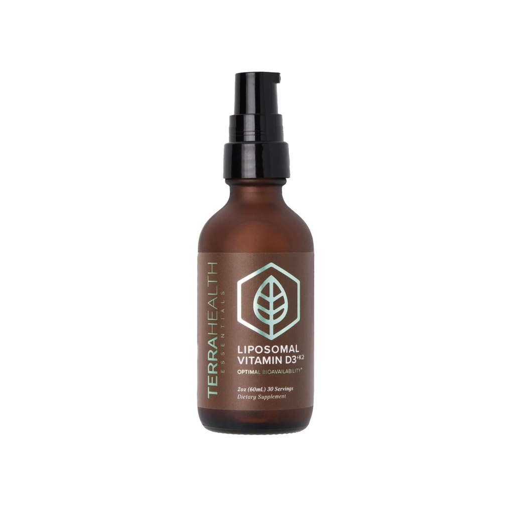 Terra Health Essentials Vitamine liposomique D3 + K2 avec CoQ10 & Sélénium - Supplément liquide à haute absorption pour le mieux-être des os et du cœur, soutien au calcium, équilibre immunitaire et d'humeur - 2oz, 30 jours d'approvisionnement