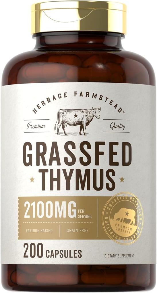 Carlyle Grass Fed Beef Thymus Bovine Supplément de 2100mg de 200 Capsules de Pâture élevée, non-OGM, sans gluten par Herbage Farmstead