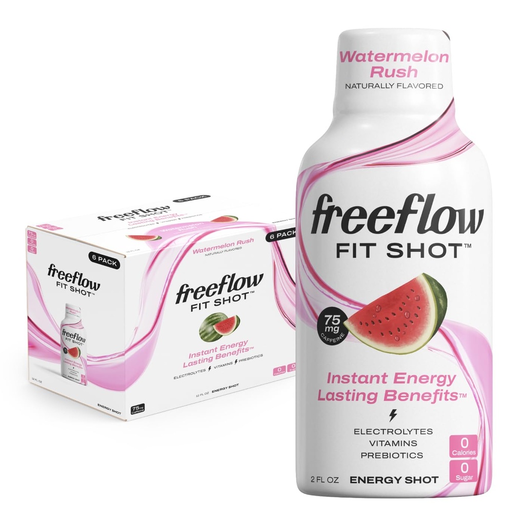 Coups d'énergie sans flux, Rush de pastèque, Boost de caféine naturelle avec L-théanine, Ginseng, Vitamines, Prébiotiques, Electrolytes (6 Coups de compte, 2oz)