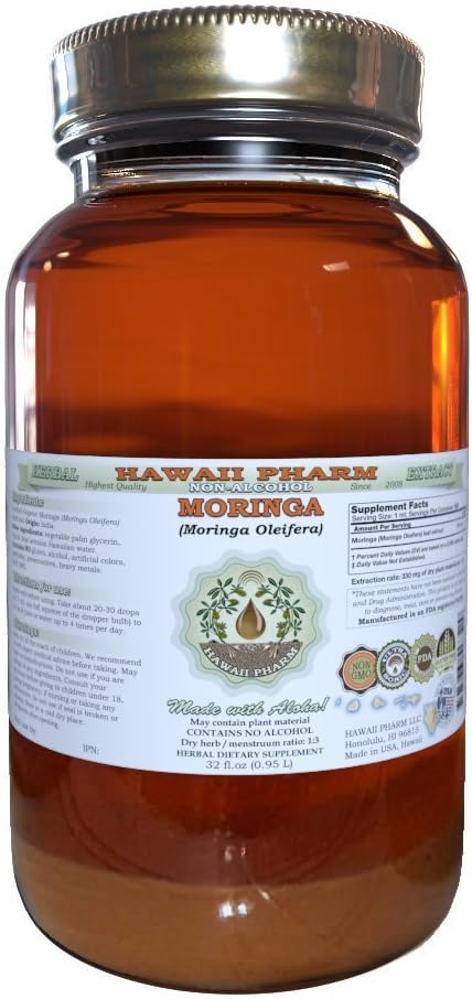 Hawaii Pharm Moringa Extrait liquide sans alcool, Moringa (Moringa Oleifera) Feuille Glycérite supplément à base de plantes naturelles, États-Unis 32 oz Non filtré