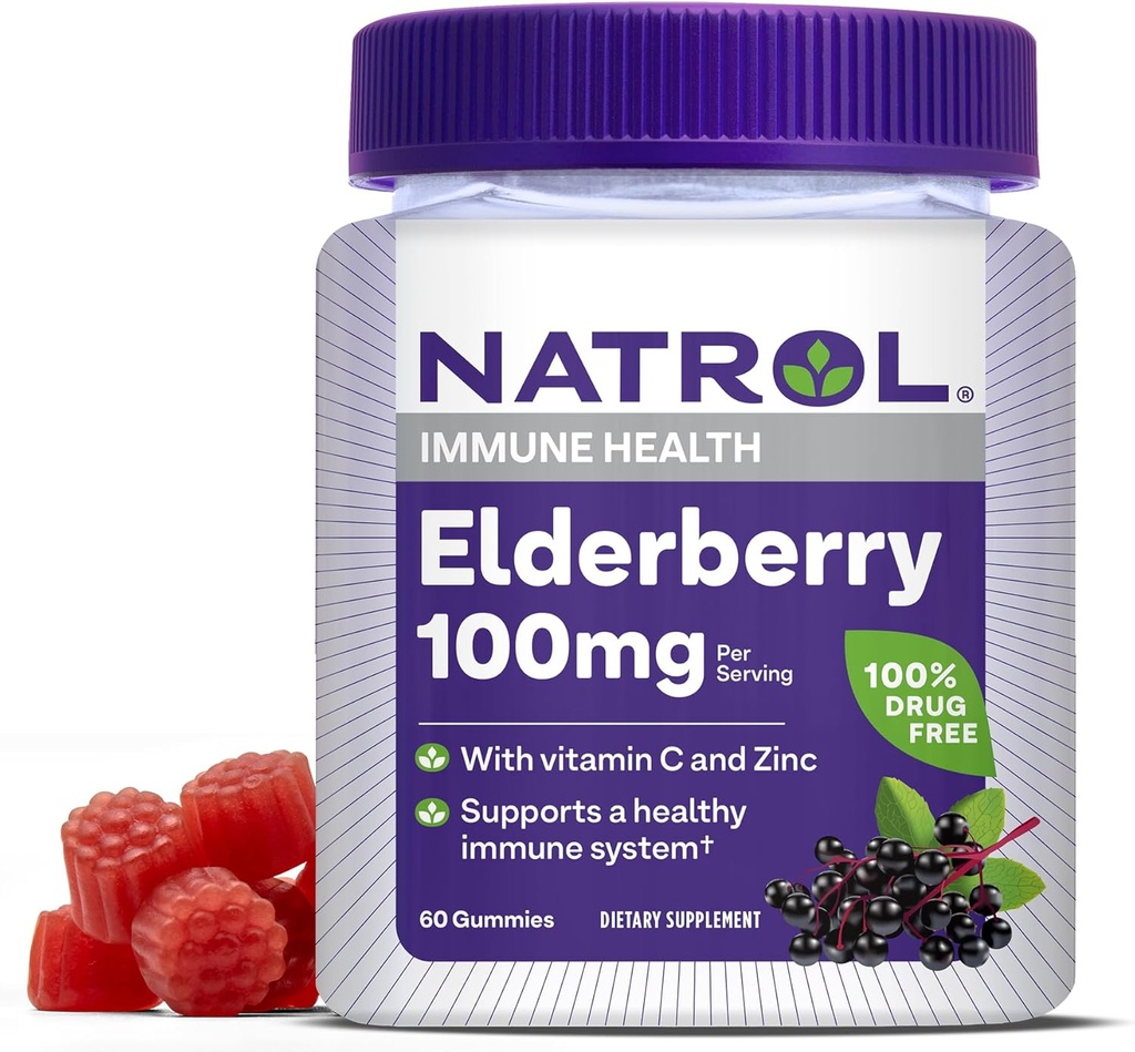 Natrol Elderberry 100mg Gummies pour le soutien de la santé immunitaire, 60 Gummies aromatisées aux baies, 30 jours d'approvisionnement