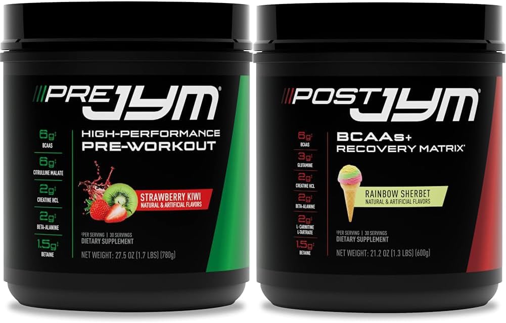 Supplément JYM Science PRE JYM 30 portions - Fraise Kiwi & - Après l'entraînement avec BCAA, Glutamine, Creatine HCL, Beta-Alanine, et plus Rainbow Sherbert Flavor, 30 portions, 21,2 oz.