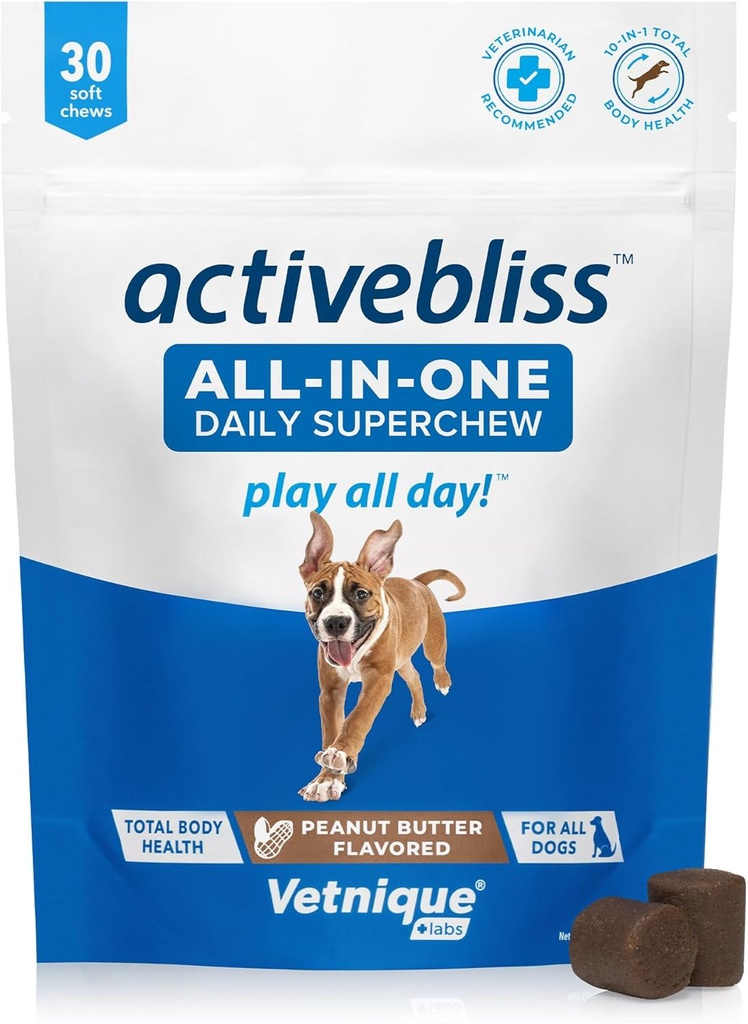 Vetnique Labs Activebliss Dog Multivitamin - Traitement quotidien avec la glucosamine, Omega 3, enzymes digestives et probiotiques pour le soutien articulaire, digestif et immunitaire - Vitamines de chien pour une santé optimale, 30 Compte
