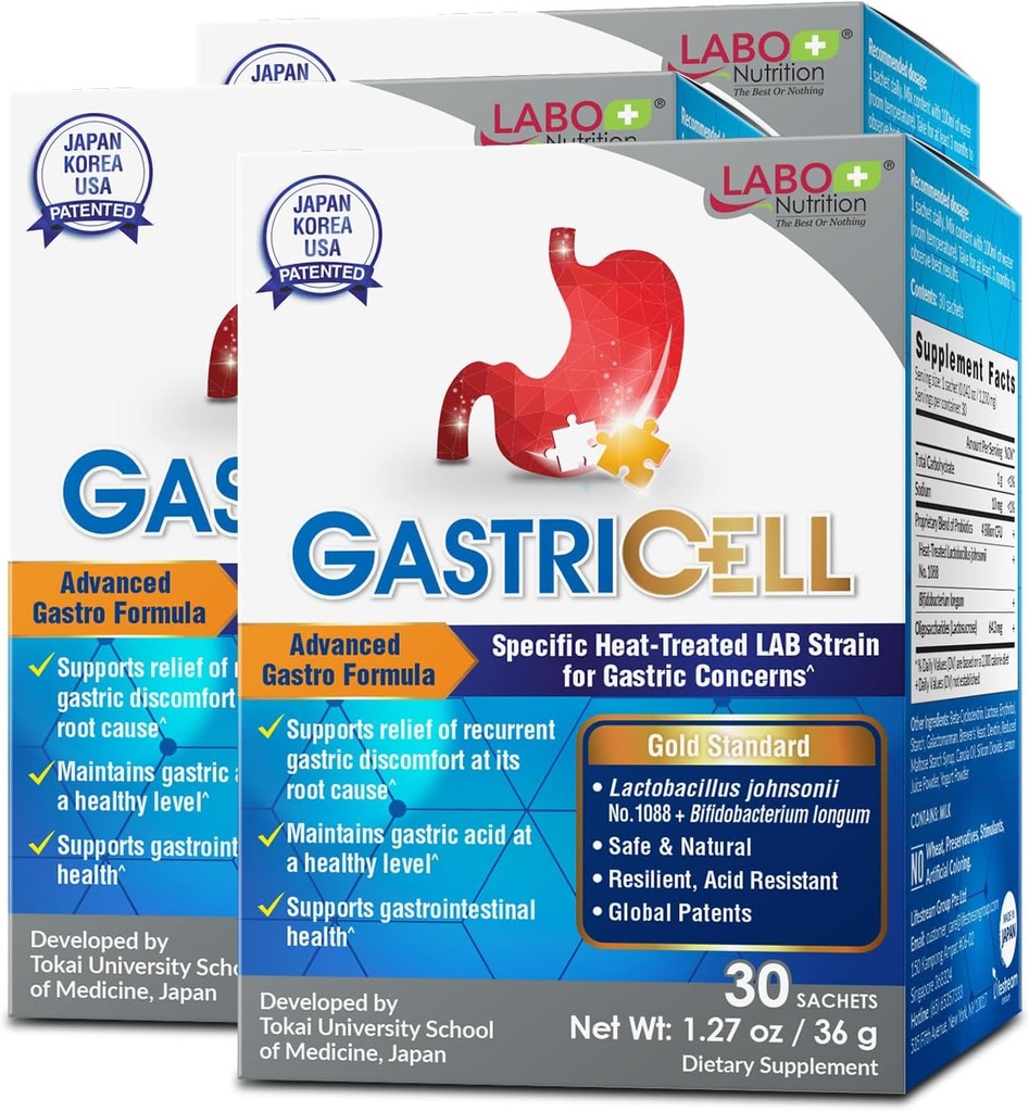LABO Nutrition GASTRICELL - Reflux acide, brûlures d'estomac, malaise gastrique récurrent, défense naturelle contre la détresse gastrique 30 sachets x3