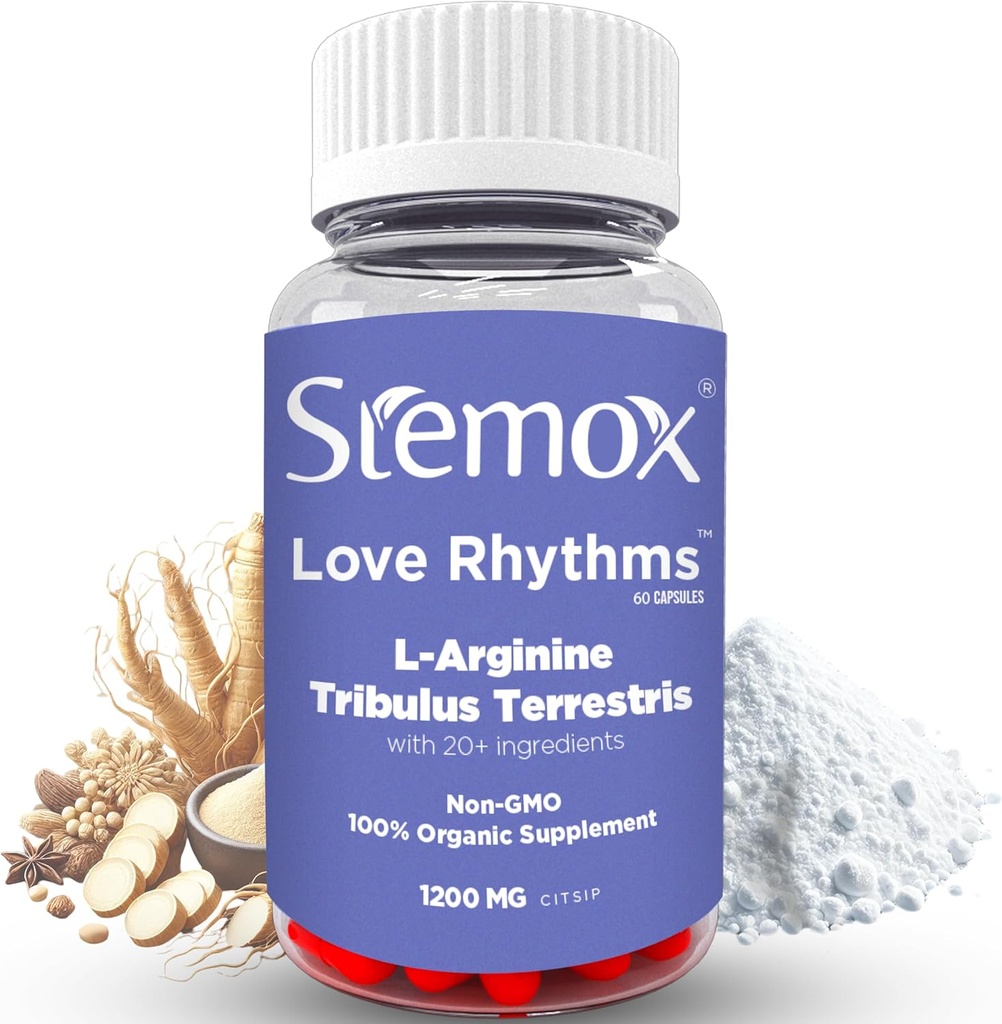 Rhythmes d'amour L-Arginine 500MG & Tribulus Terrestris pour les hommes – Soutien à l'endurance et à la vitalité - Non-OGM, Suppléments 100% bio pour les hommes - Lifestyle actif et bien-être physique - 60 Capsules
