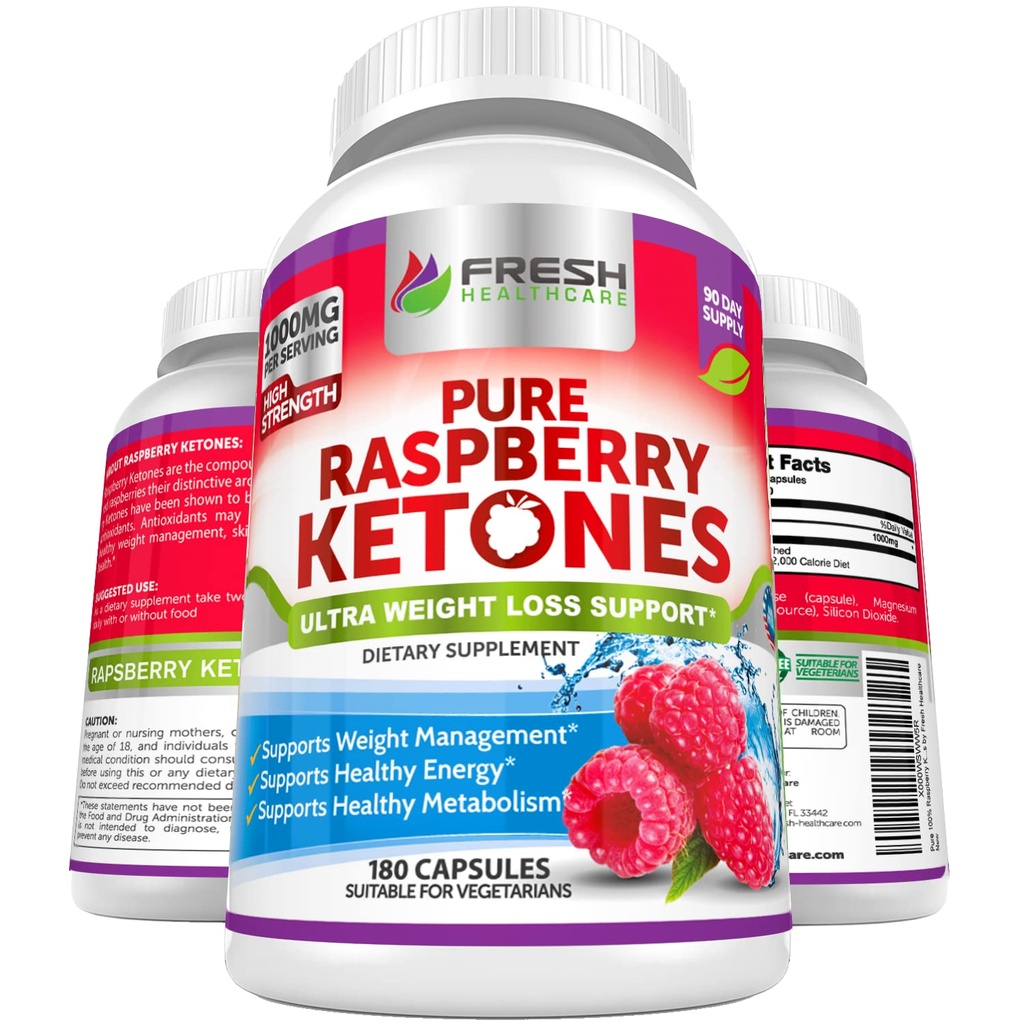 FRESH HEALTHCARE Pure 100% framboise Cétones Max 1000mg par portion - 3 mois d'approvisionnement Non OGM - Avancé Weight Loss Support - 180 capsules