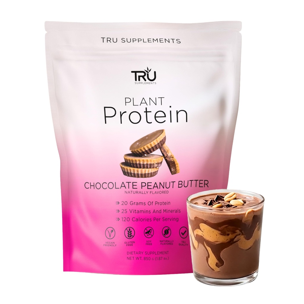 Suppléments TRU Poudre à base de protéines végétales, BCAA, EAA, 20g Riz brun végétalien et protéines de pois, 100 calories, 27 vitamines, pas d'arôme artificiel 25 portions (Beurre d'arachide chocolatée)