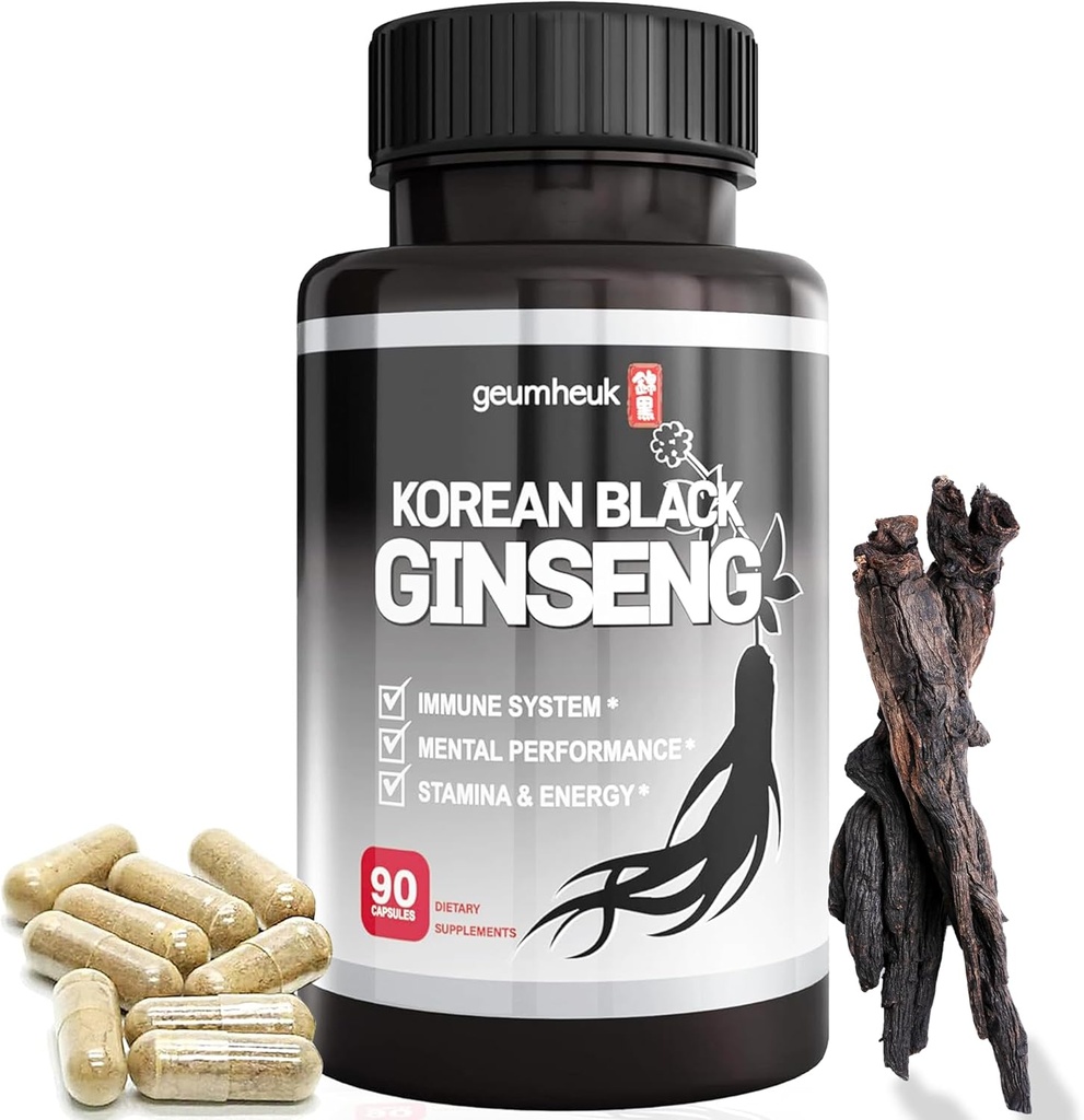 GeumHeuk Capsule Ginseng Noir Coréen Panax 1000mg - 90 Capsules Vegan Non OGM, Ginsénosides élevés, taux d'absorption élevé, améliorer l'immunité, la performance mentale, l'endurance et l'énergie, hommes et femmes