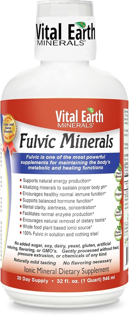 Minéraux de la Terre Vitalité Minéraux Fulvic Liquide – Supplément acide Fulvic avec 70 minéraux traces, électrolytes pour l'énergie et la vitalité, 32 Oz + 1 Oz Cup