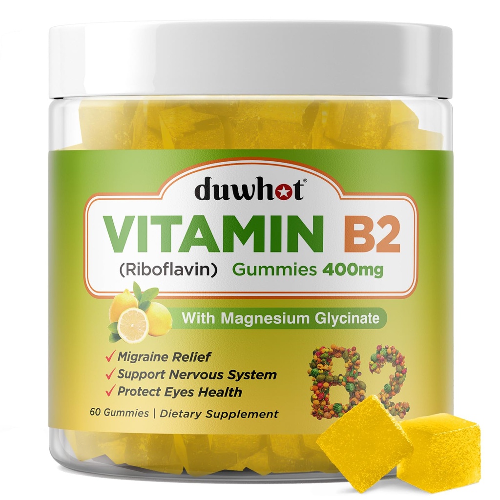 Vitamine B2 Gummies avec Magnésium- Riboflavine 400mg pour le soulagement de la migraine et des maux de tête, Vitamines B2 Gummies pour adultes et enfants, Vegan, 60 à croquer