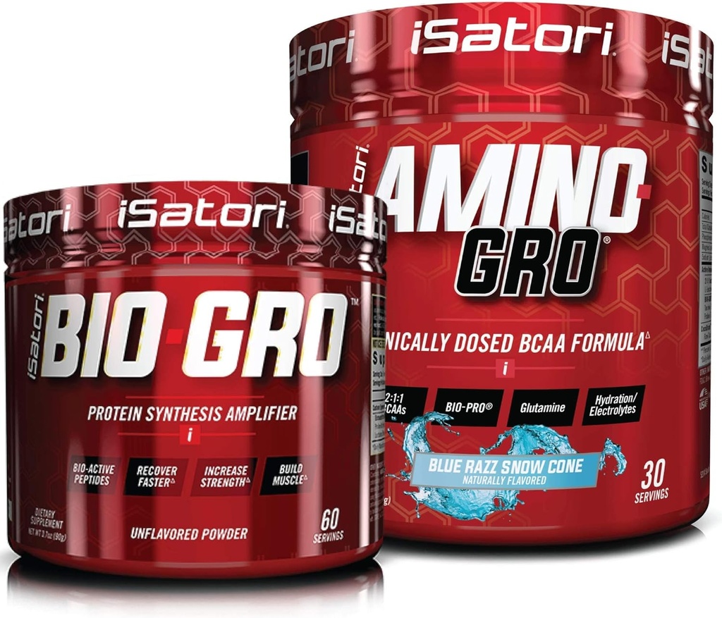 Amplificateur de synthèse de protéines bio-GRO d'iSatori - Unlavored (60 portions) & iSatori Amino-GRO BCAA Poudre - Blue Razz Snow Cone (30 portions)