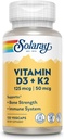 SOLARAY Vitamine D3 K2 - Supplément de soutien osseux et immunitaire - Avec 5000 UI Vitamine D comme Vit D3 et 50 mcg Vitamine K2 comme Ménoquinone MK7, Fait sans soja, Garantie de 60 jours, 120 Servir, 120 VégCaps