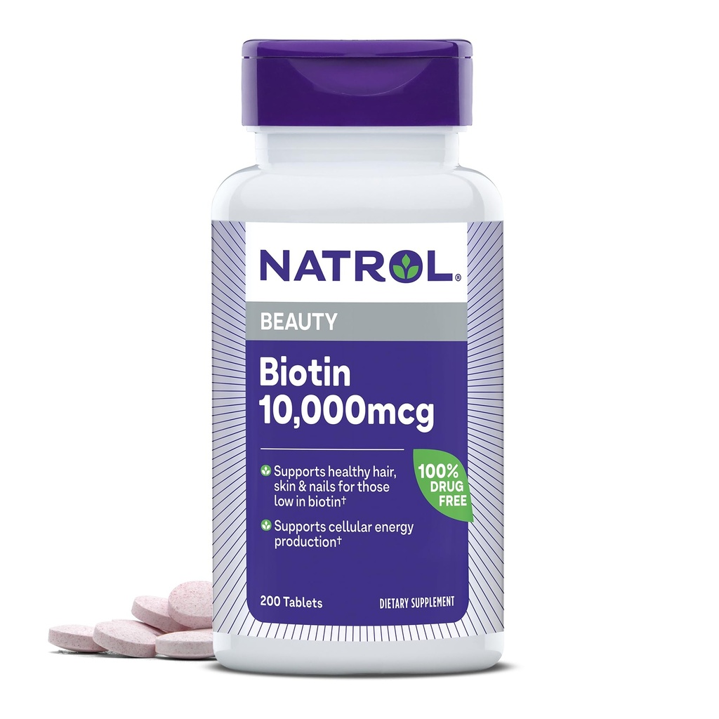 Natrol Biotin 10000mcg, Supplément pour les cheveux, la peau et les ongles sains pour ceux qui sont faibles en biotine, plus le soutien du métabolisme énergétique, 200 comprimés, jusqu'à un approvisionnement de 200 jours