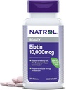 Natrol Biotin 10000mcg, Supplément pour les cheveux, la peau et les ongles sains pour ceux qui sont faibles en biotine, plus le soutien du métabolisme énergétique, 200 comprimés, jusqu'à un approvisionnement de 200 jours