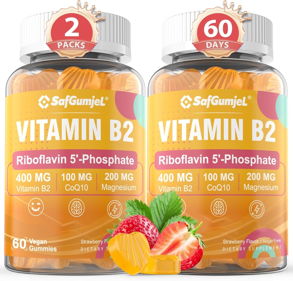 Vitamine B2 Gummées: 400 mg de Riboflavine pour les adultes et les enfants avec Magnésium et CoQ10 pour l'énergie et le soulagement de la migraine.