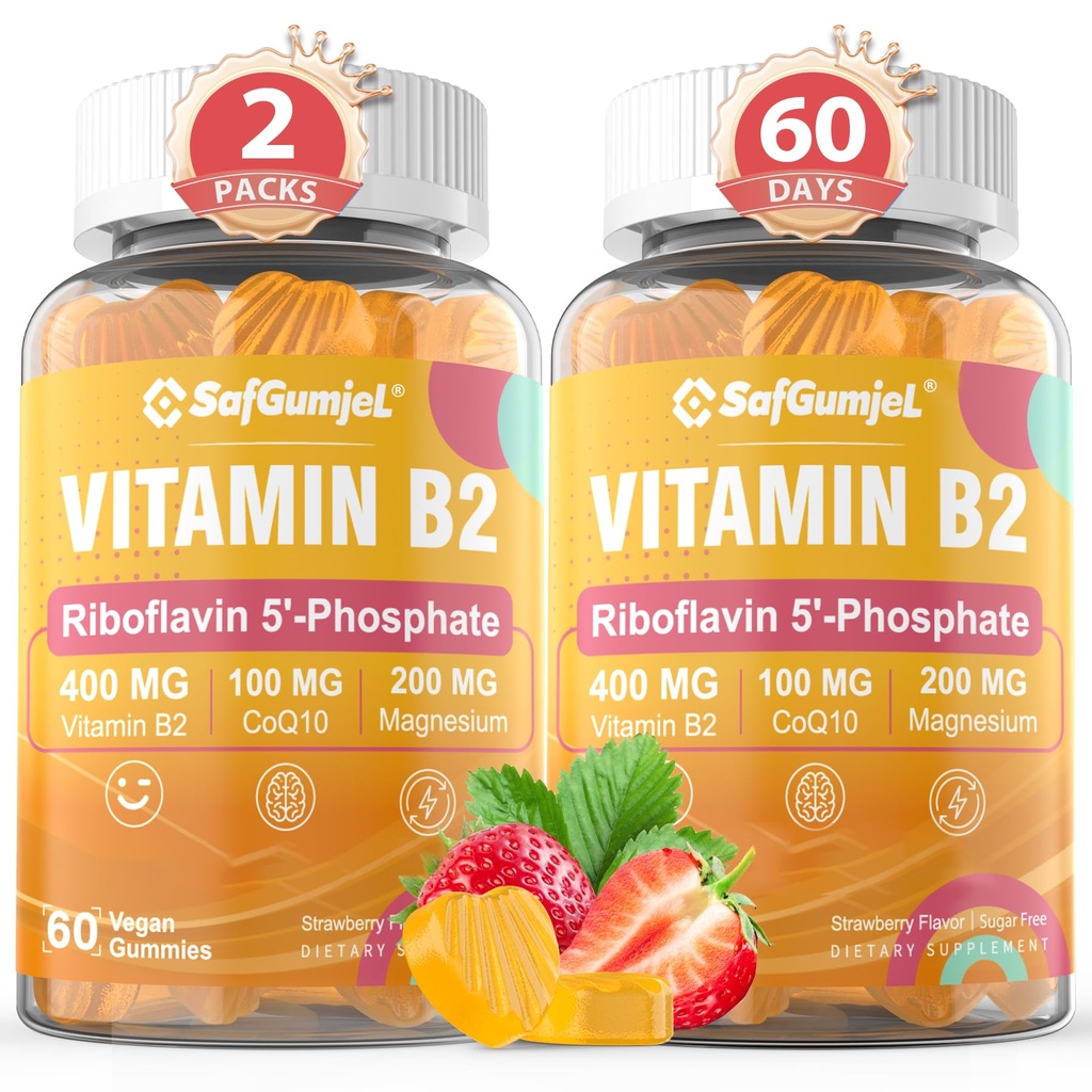 Vitamine B2 Gummées: 400 mg de Riboflavine pour les adultes et les enfants avec Magnésium et CoQ10 pour l'énergie et le soulagement de la migraine.
