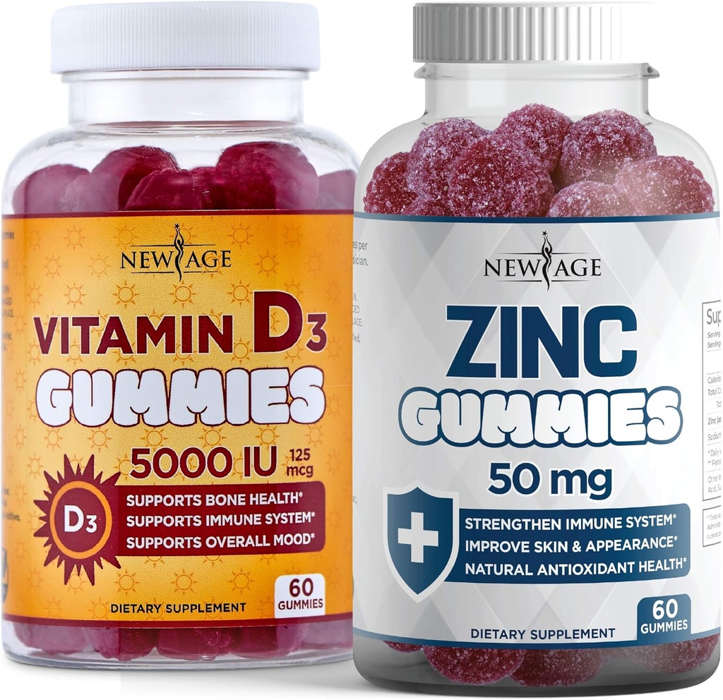NEW AGE Immune Defense Combo - 2 Pack - Vitamine D3 Gummies 5000 UI 125mcg & High Potency Zinc Gummies, Immune Booster 120 Compte