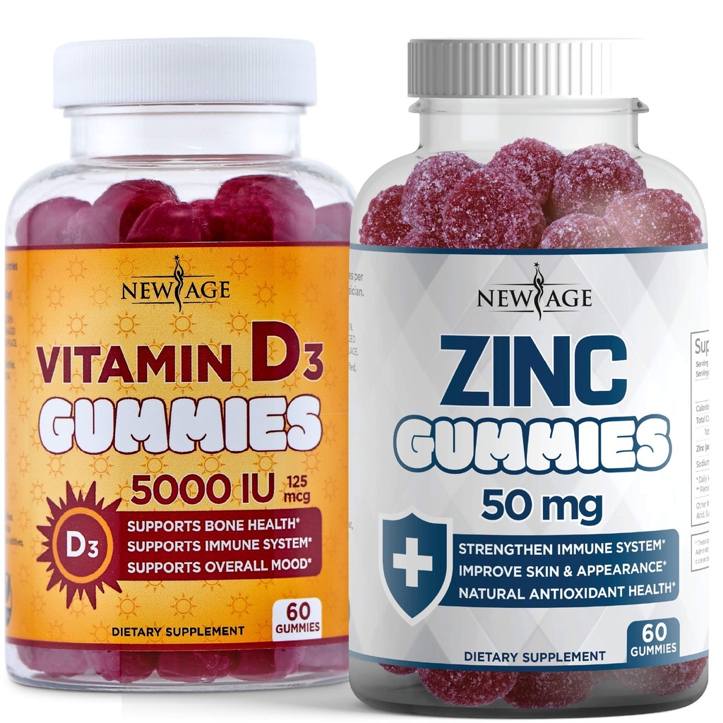 NEW AGE Immune Defense Combo - 2 Pack - Vitamine D3 Gummies 5000 UI 125mcg & High Potency Zinc Gummies, Immune Booster 120 Compte