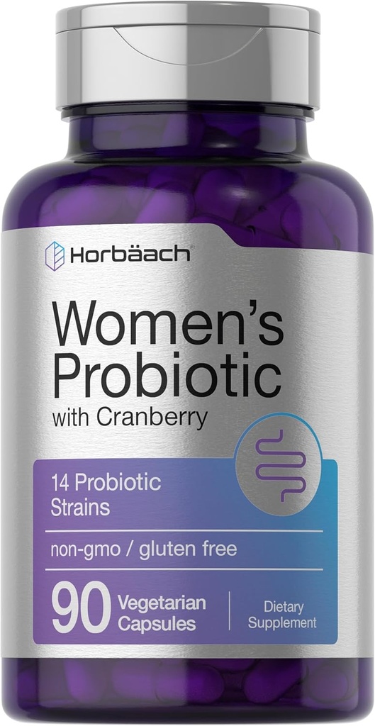 Horbäach Probiotique pour les femmes avec canneberge de 90 capsules végétariennes Supplément alimentaire avec 14 souches probiotiques