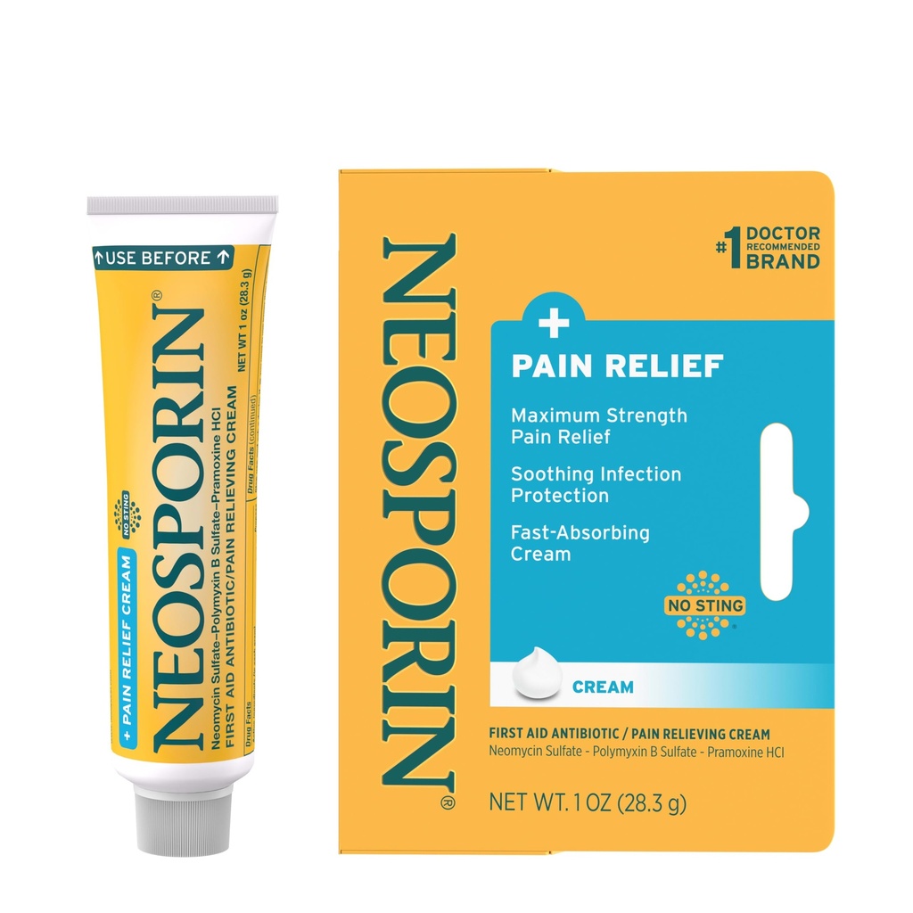 Neosporine + Crème à double action de soulagement de la douleur de la force maximale, crème antibiotique et analgésique topique de premiers soins pour le soin des plaies des coupures, des éraflures et des brûlures mineures, polymyxine B & Pramoxine HCl, 1 oz
