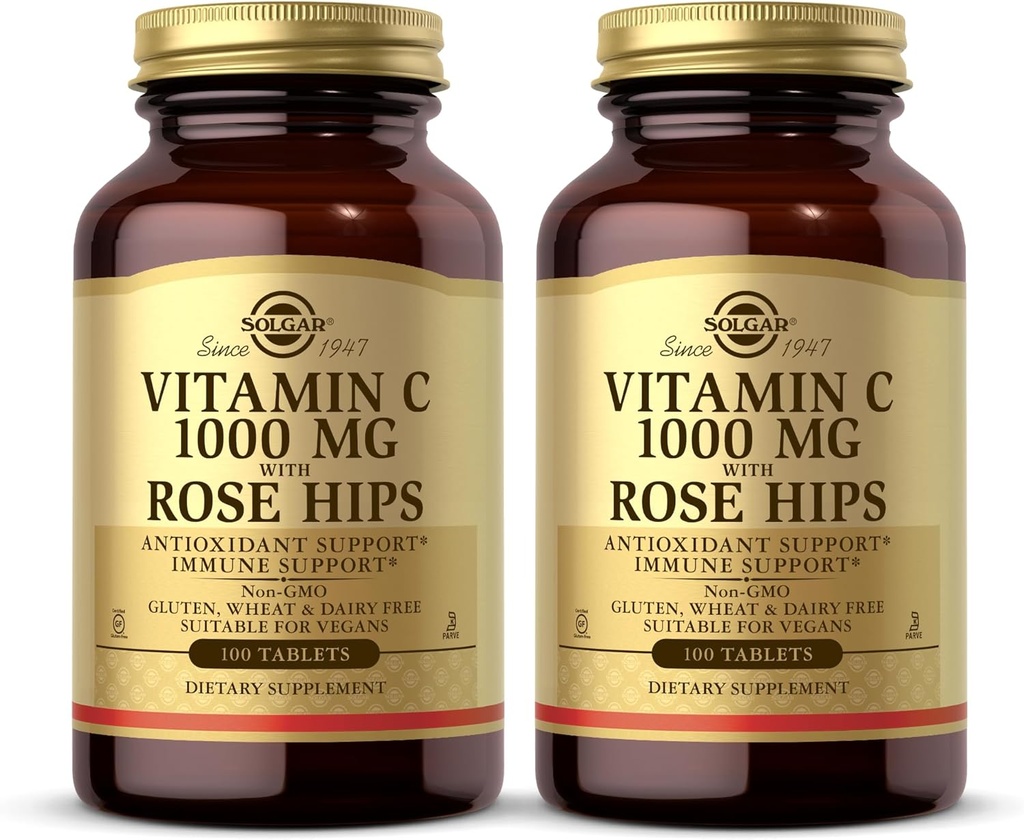 Solgar Vitamine C 1000 mg avec HIPS Rose - 100 comprimés, boîte de 2 - Antioxydants et immunosupport - Non-OGM, végétalien, sans gluten, sans lait, sans casher - 200 portions totales
