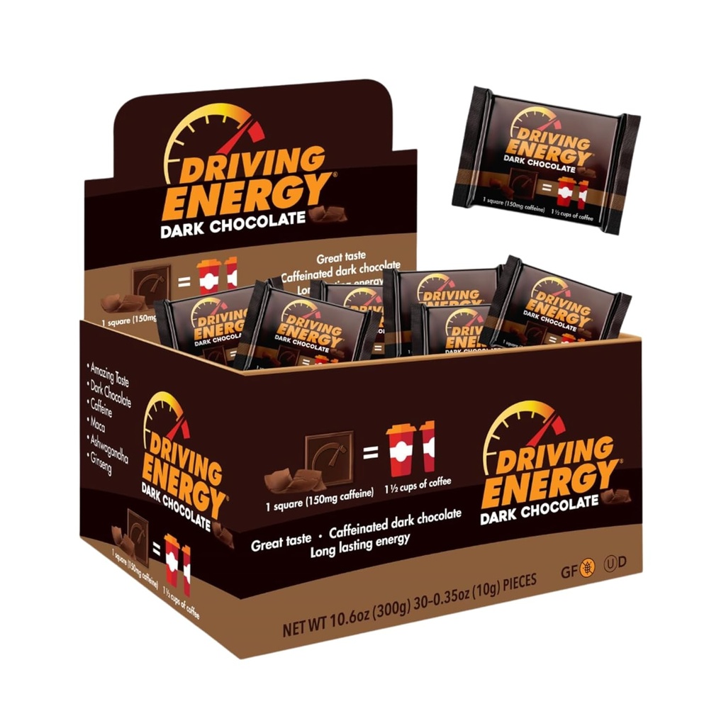 L'énergie de conduite - Taille de la bite d'énergie caféiné - Chocolat noir avec 150 mg de caféine - Longue durée de gymnastique, entraînement, adultes - Grand goût - Faible teneur en glucides - Snack santé - 30 Compte