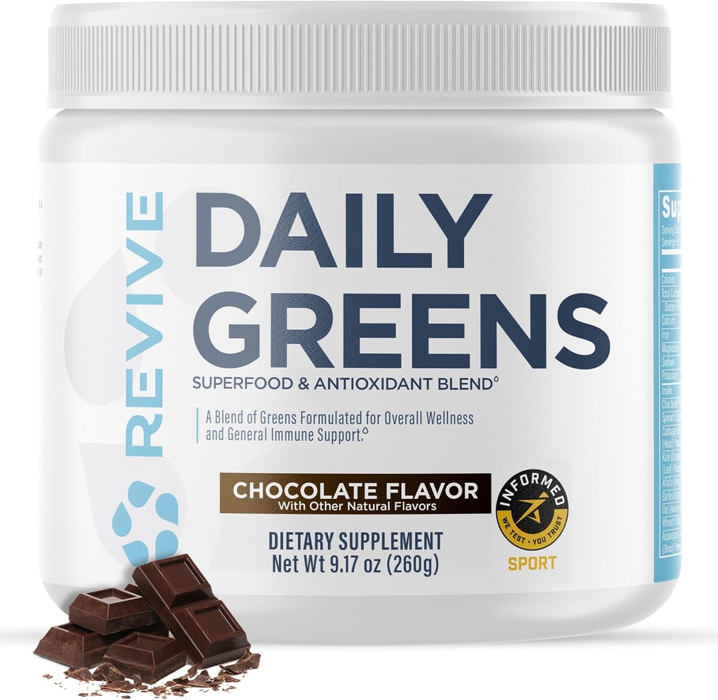 Revive MD Daily Green Powder Superfood (chocolat) - Supergreens Poudre pour soutenir les niveaux d'énergie - Jus vert qui améliore l'apport de fibres - Légumes soutient la digestion et la santé Gut