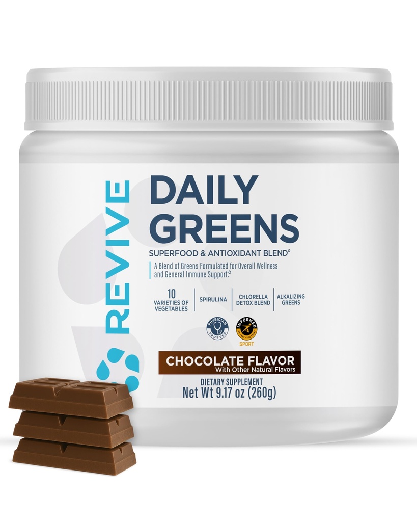 Revive MD Daily Green Powder Superfood (chocolat) - Supergreens Poudre pour soutenir les niveaux d'énergie - Jus vert qui améliore l'apport de fibres - Légumes soutient la digestion et la santé Gut