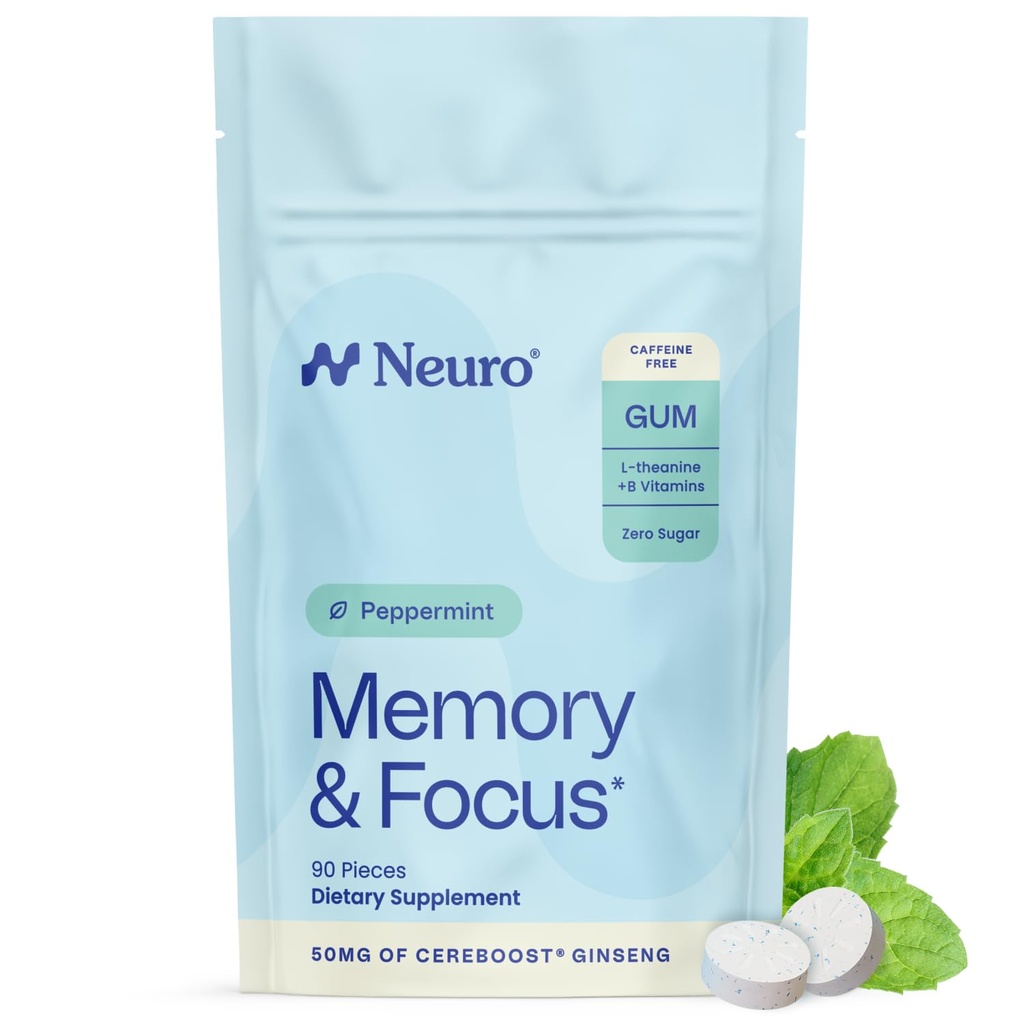 Gum Neuro Memory & Focus - Gum Nootropic avec vitamine B12, vitamine B6, extrait de L-Theanine & Ginseng - Supplément de soutien naturel du cerveau - Végétaux, caféine et sucre sans croustilles - menthe poivrée, 90 ct