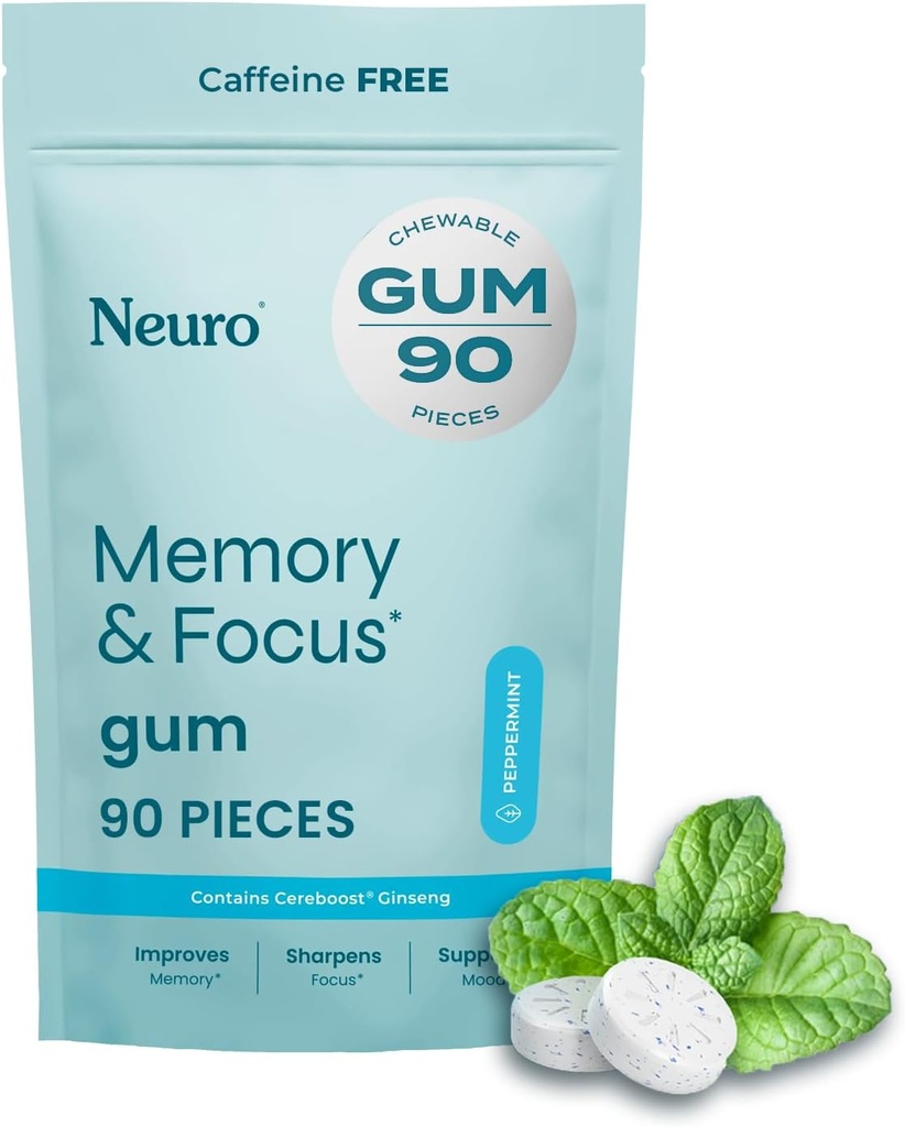 Neuro Memory & Focus Gum (90 pièces) - Décaféiné et sans sucre avec Ginseng américain, L theanine, Vitamine B12 et Vitamine B6 pour alerte mentale - Suppléments Cerveau pour Mémoire et Focus - Saveur de menthe poivrée